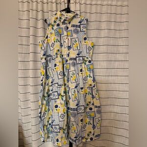 Sleeveless Blue and Yellow Patterned Dress
